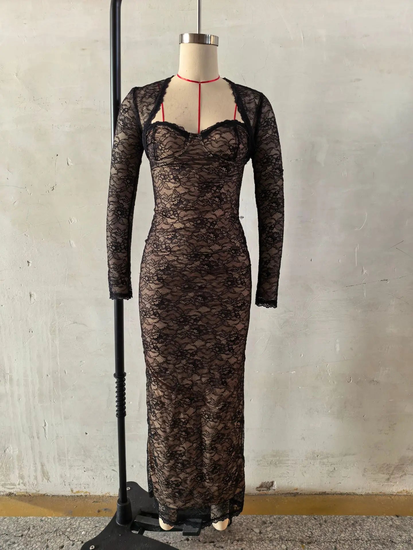 Women Halter Thin Strap Bustier Long Sleeve Shrug Sheer Floral Lace Bodycon Maxi Evening Gown Solid See Through Party Dress