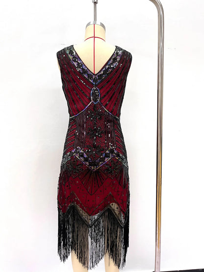 Women 1920s Flapper Dress Vintage Gatsby Beaded Sequin Fringe Midi Dress Sleeveless V Neck Roaring 20s Party Costume