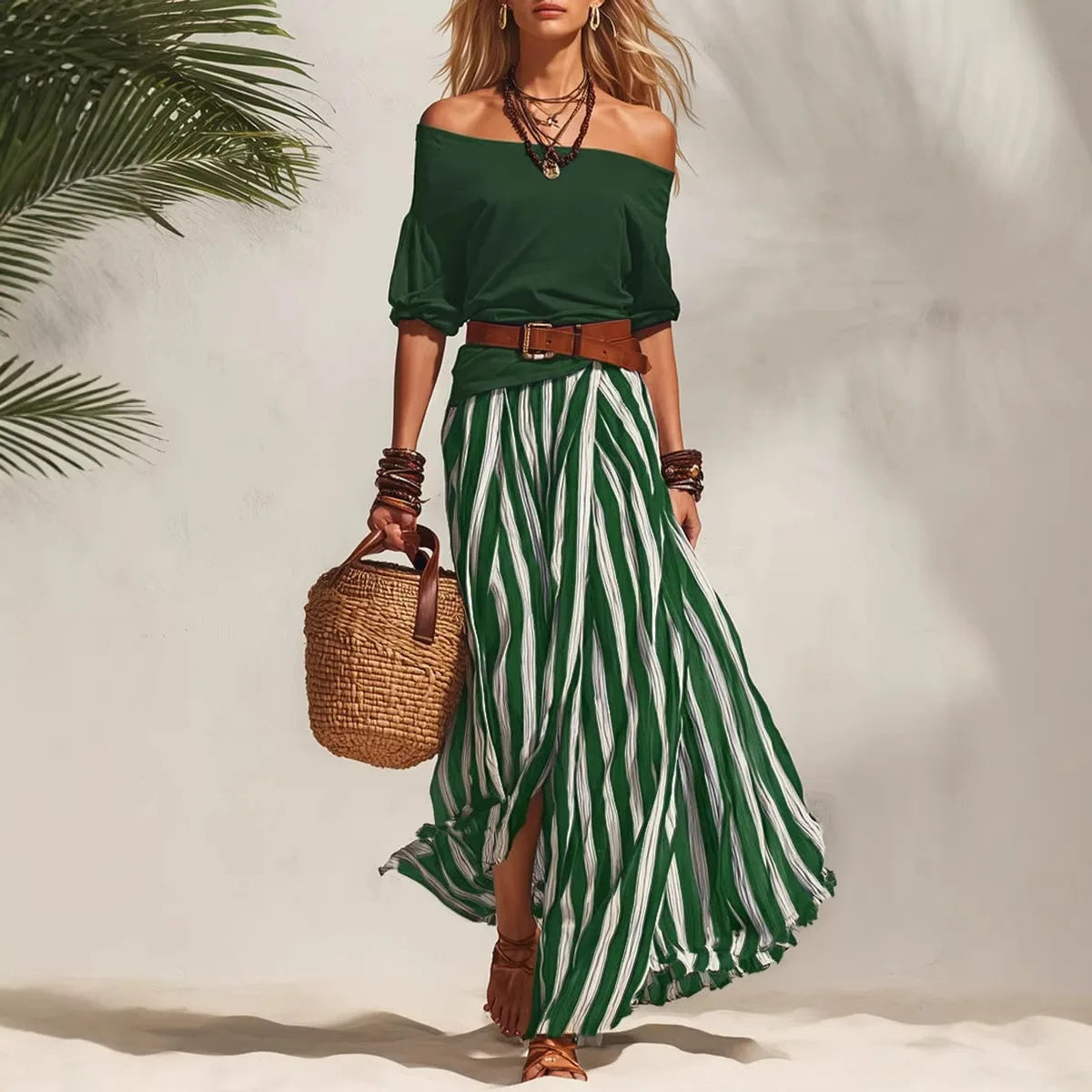 Women's Summer Off Shoulder Half Sleeve Top Vertical Stripe Split Maxi Skirt Two Piece Suit Loose Flowy Matching Set 2026