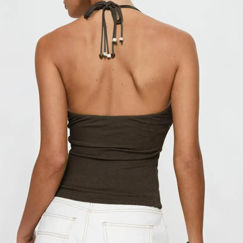 Women Beaded Halter Tank Top Vintage Summer Solid Color Tie up Sleeveless Backless Cami Shirts Y2k Grunge Clothes