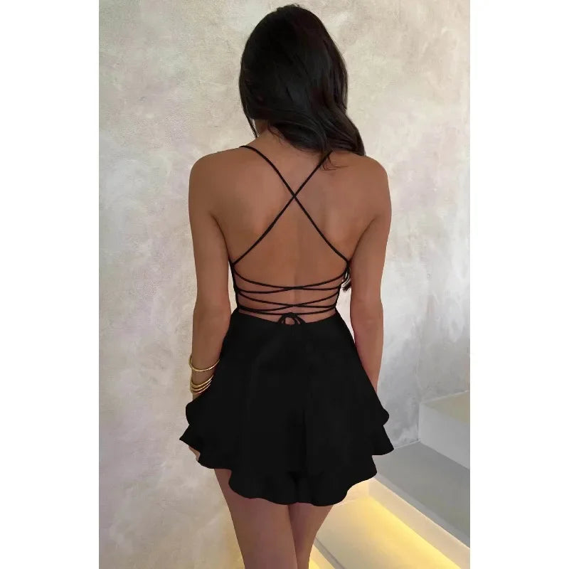 Women Sexy Satin Sleeveless Cami Playsuit Solid Cowl Neck Cross Tie Backless Short Jumpsuit Fashion Slim Fit Summer Romper