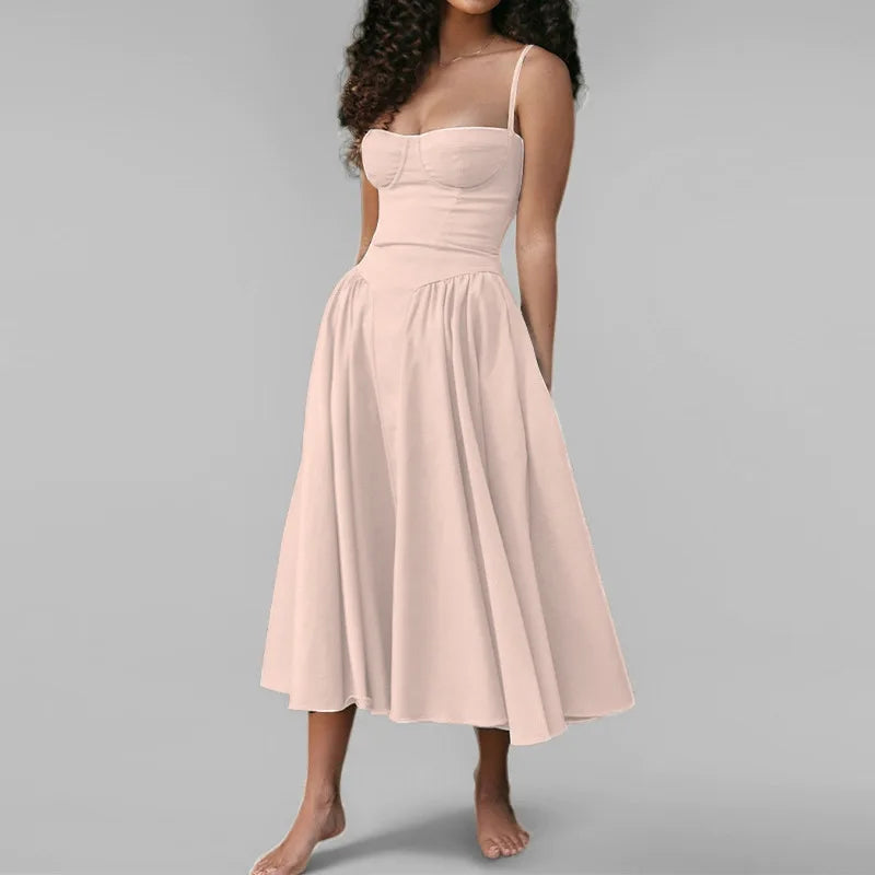 Women's French Retro Elegant V-Neck Sleeveless Slip Dress Bohemian Floral Beach Sundress Sexy Slim Fit Waist Cinched Long Dress