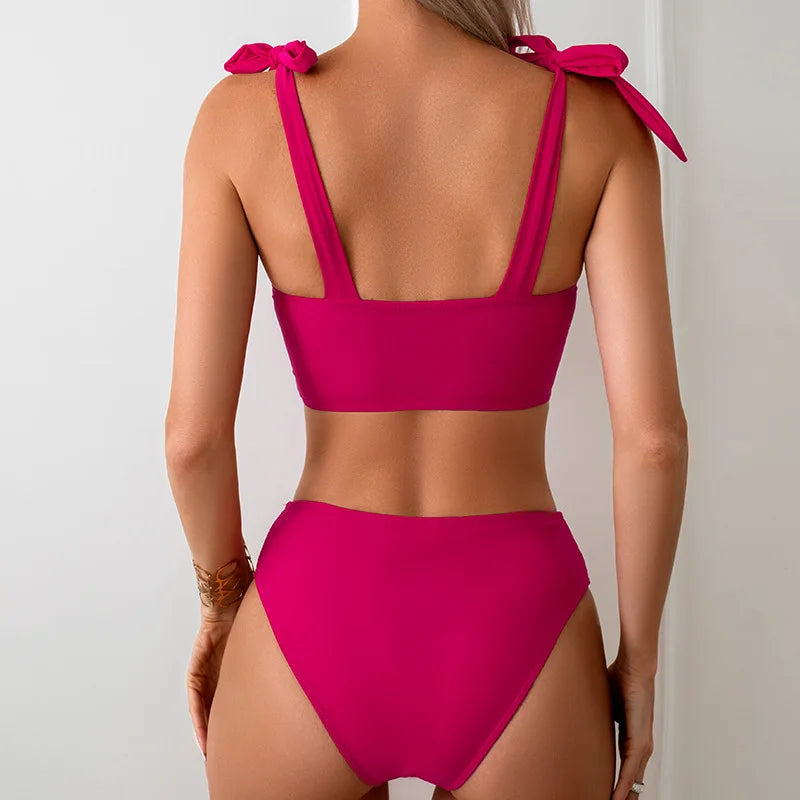 Women's Sexy Round Neck Solid Color Swimming Set High Waist Bikini with Skirt and Underpants 3-Piece Set for Seabeach