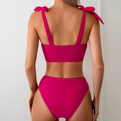 Women's Sexy Round Neck Solid Color Swimming Set High Waist Bikini with Skirt and Underpants 3-Piece Set for Seabeach
