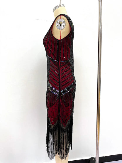 Women 1920s Flapper Dress Vintage Gatsby Beaded Sequin Fringe Midi Dress Sleeveless V Neck Roaring 20s Party Costume