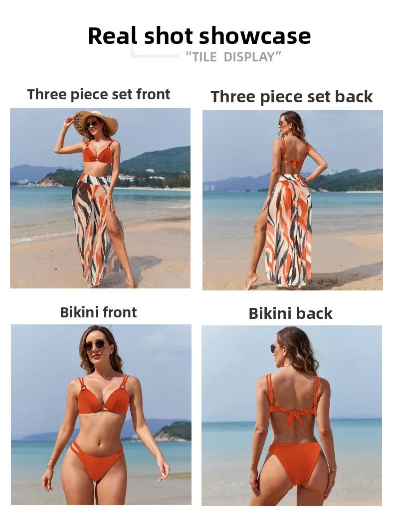 Women's Three-Piece Printed Swimsuit Set Fashion Split Bikini with Board Shorts Three-Piece Swimwear Summer Beachwear