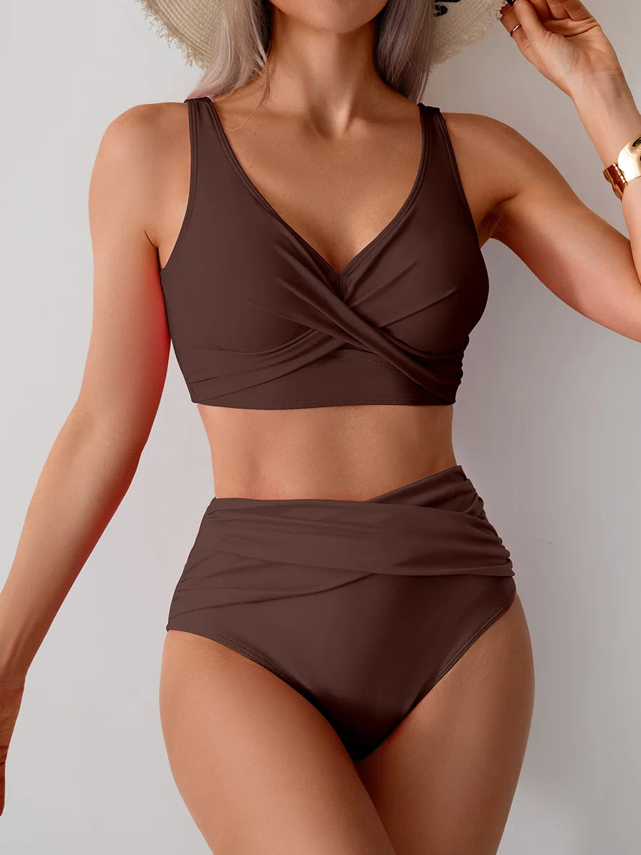Women's Sexy Solid Color High Waist Bikini Set with Chest Pad Split Two-Piece Beach Pool Bathing Suits