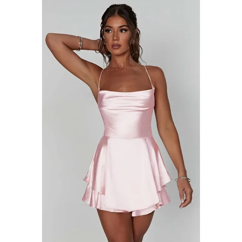 Women Sexy Satin Sleeveless Cami Playsuit Solid Cowl Neck Cross Tie Backless Short Jumpsuit Fashion Slim Fit Summer Romper