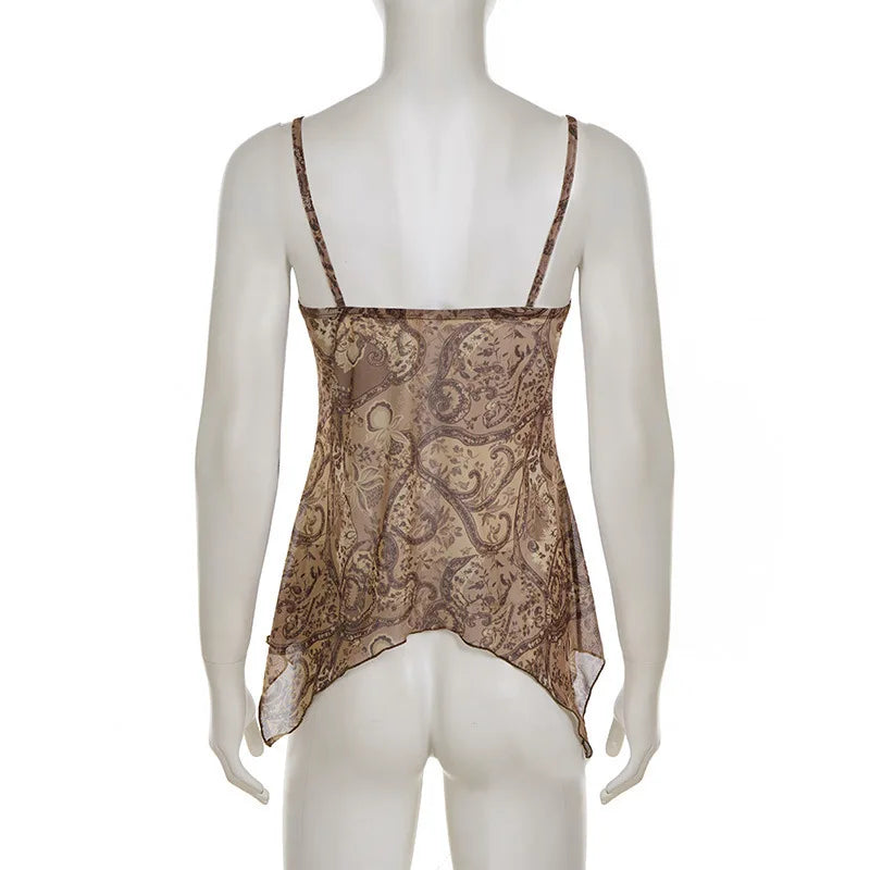 New Vintage Print Mesh Irregular Strap V-neck Sexy Slim Fit Cropped Top Vest Suitable for Streetwear Causal Women Clothing