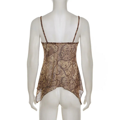 New Vintage Print Mesh Irregular Strap V-neck Sexy Slim Fit Cropped Top Vest Suitable for Streetwear Causal Women Clothing
