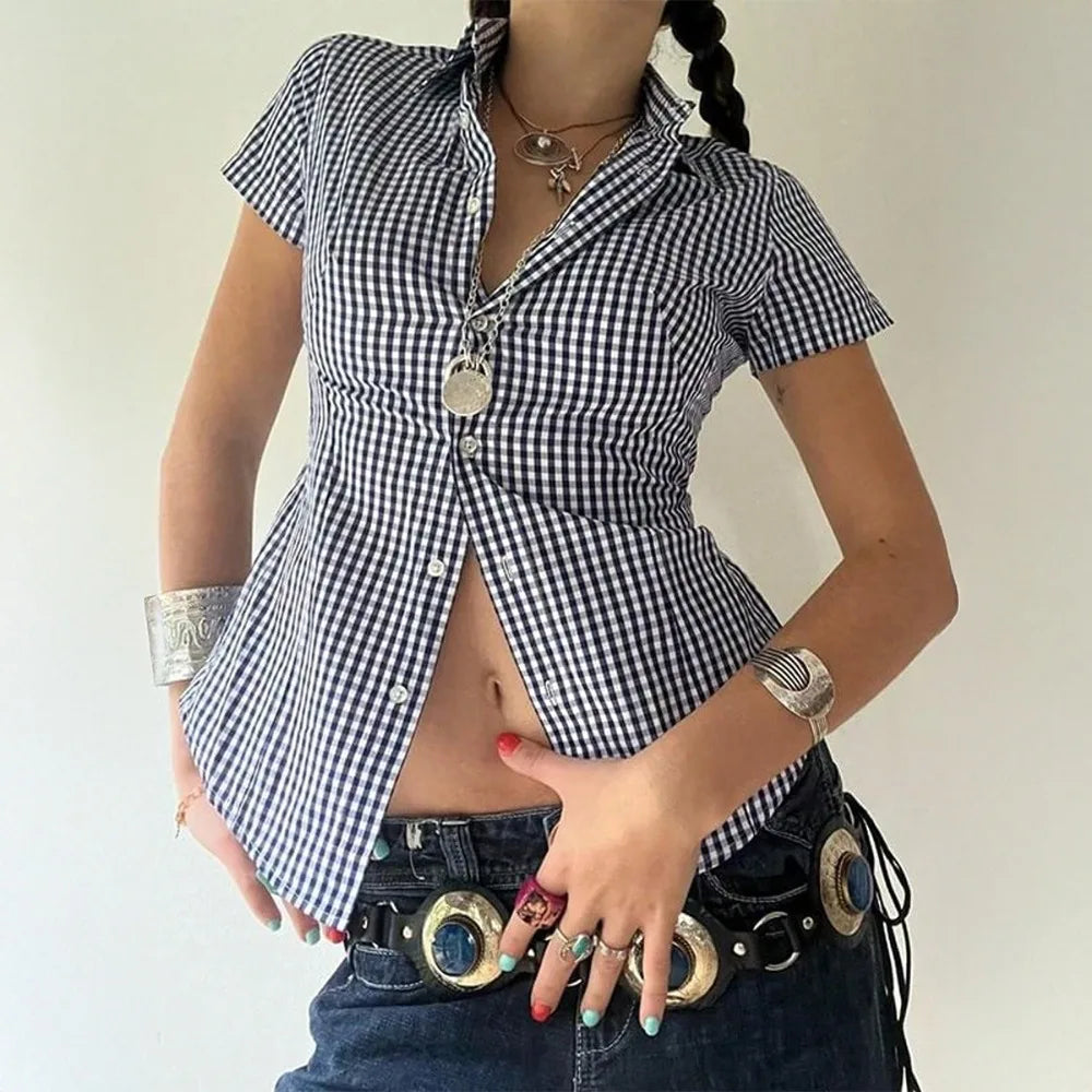 Retro Style Plaid Print Short Sleeve Collared Shirt Button Down Slim Fit Peplum Blouse for Daily Wear Brunch Women Outfits
