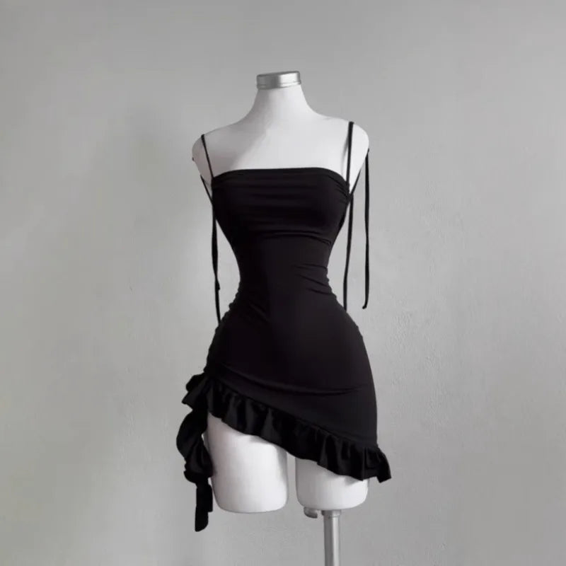 Women Lace Up Black Bodycon Dresses Strapless Backless Mini Dress Party Evening Sexy Slim Fit Ruffles Sundress