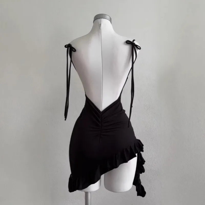 Women Lace Up Black Bodycon Dresses Strapless Backless Mini Dress Party Evening Sexy Slim Fit Ruffles Sundress