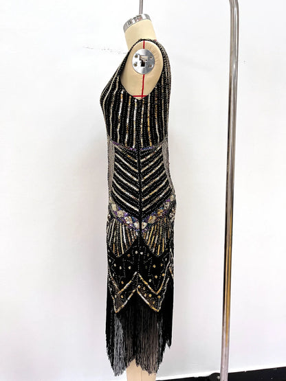 Women 1920s Flapper Dress Vintage Gatsby Beaded Sequin Fringe Midi Dress Sleeveless V Neck Roaring 20s Party Costume