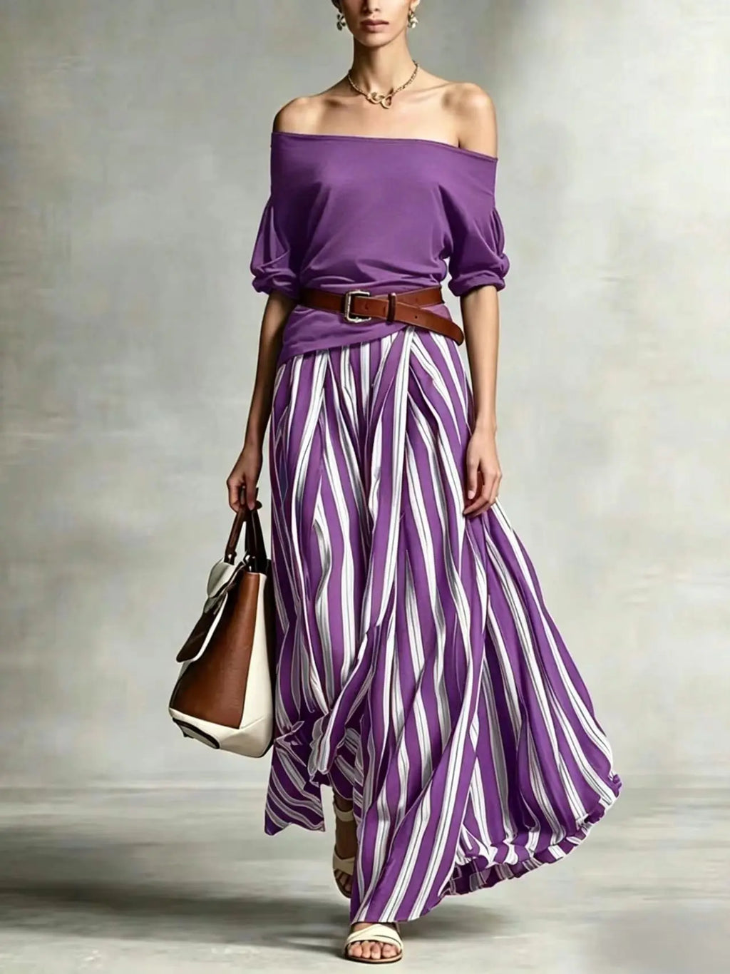 Women's Summer Off Shoulder Half Sleeve Top Vertical Stripe Split Maxi Skirt Two Piece Suit Loose Flowy Matching Set 2026