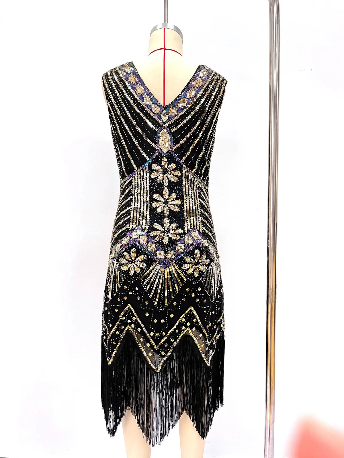 Women 1920s Flapper Dress Vintage Gatsby Beaded Sequin Fringe Midi Dress Sleeveless V Neck Roaring 20s Party Costume
