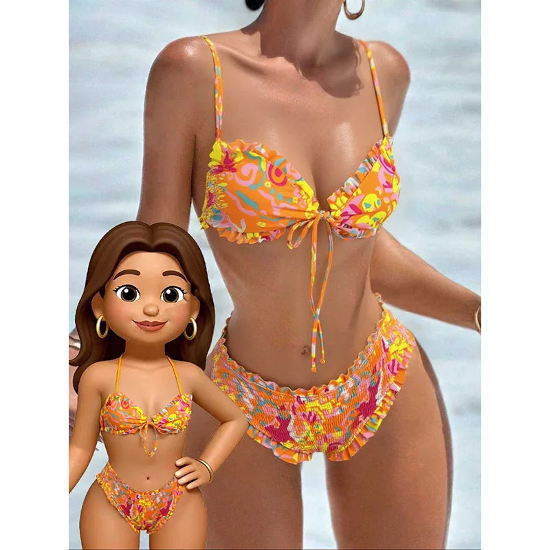 Women 2 Piece Abstract Print Ruffled Bikini Set Spaghetti Strap Front Tie High Waist Bathing Suit Summer Swimsuit for Pool Party