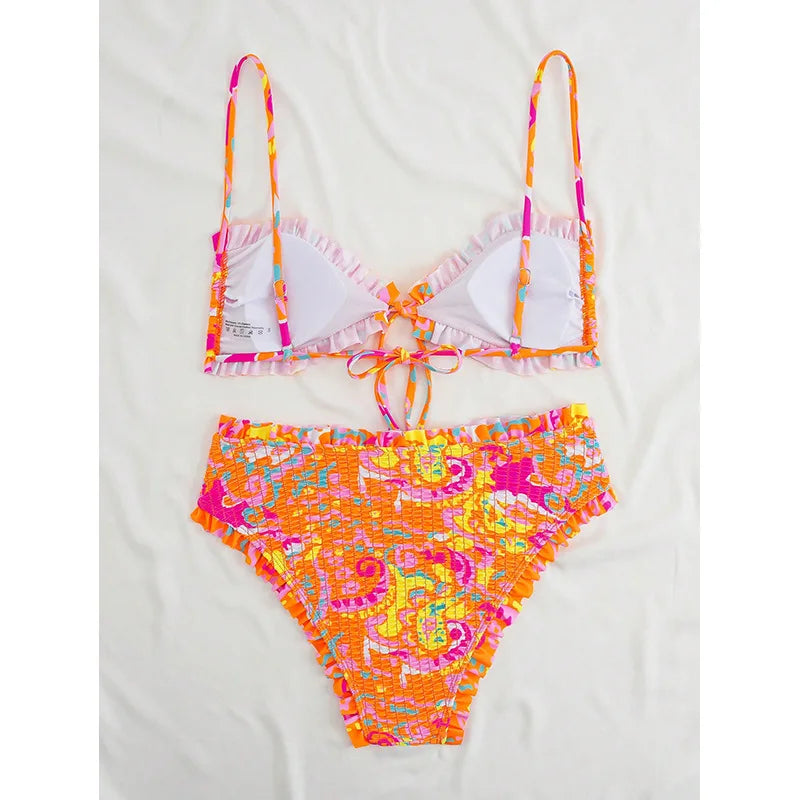 Women 2 Piece Abstract Print Ruffled Bikini Set Spaghetti Strap Front Tie High Waist Bathing Suit Summer Swimsuit for Pool Party