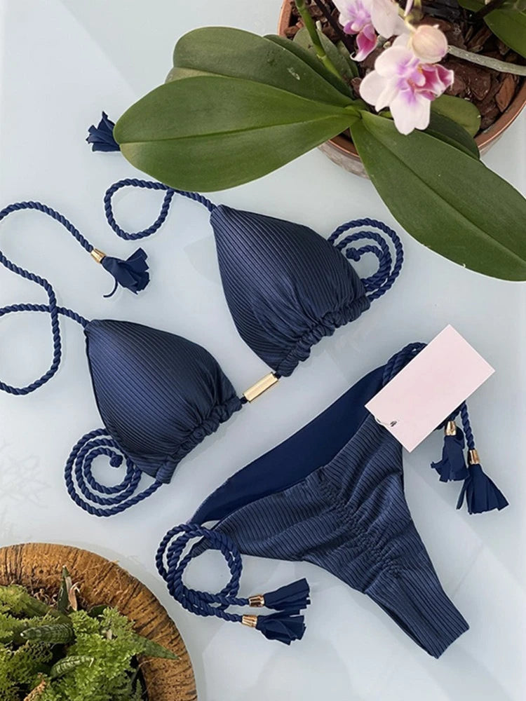 Women's Halter Tie Tassel Detail Two Piece Water Outfit Adjustable Side Drawstring Separated Swim Set for Beach Vacation Outfits