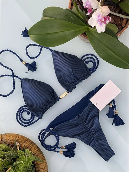 Women's Halter Tie Tassel Detail Two Piece Water Outfit Adjustable Side Drawstring Separated Swim Set for Beach Vacation Outfits