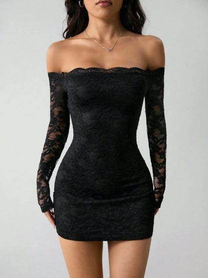 New Elegant Long Sleeve Lace Off Shoulder Neck Long-sleeved Slim Fit Thin Outing Hot Girls Outfits for Sexy Ladies Short Dress