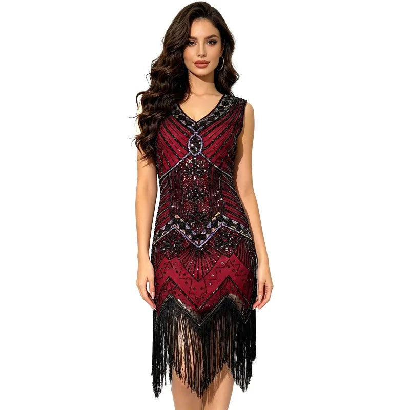 Women 1920s Flapper Dress Vintage Gatsby Beaded Sequin Fringe Midi Dress Sleeveless V Neck Roaring 20s Party Costume
