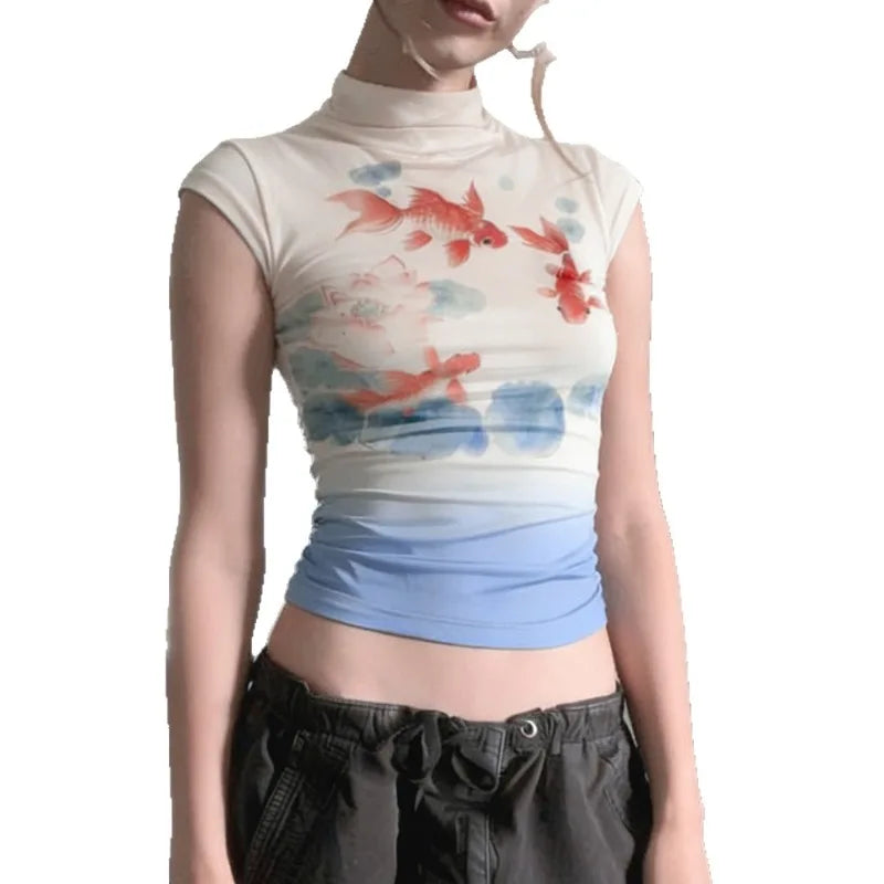 Women's Retro Vacation Style Goldfish Print Contrasting Stand Up Collar Short Sleeved T-shirt Slim Fit Slimming Casual Top