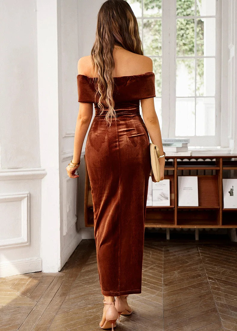 New Summer 2026 Women's Velvet Dress Sexy Off-shoulder Party Fashion Irregular One Shoulder Slim Fit Long Dress