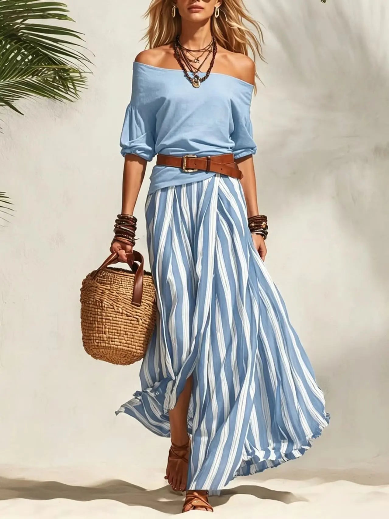 Women's Summer Off Shoulder Half Sleeve Top Vertical Stripe Split Maxi Skirt Two Piece Suit Loose Flowy Matching Set 2026