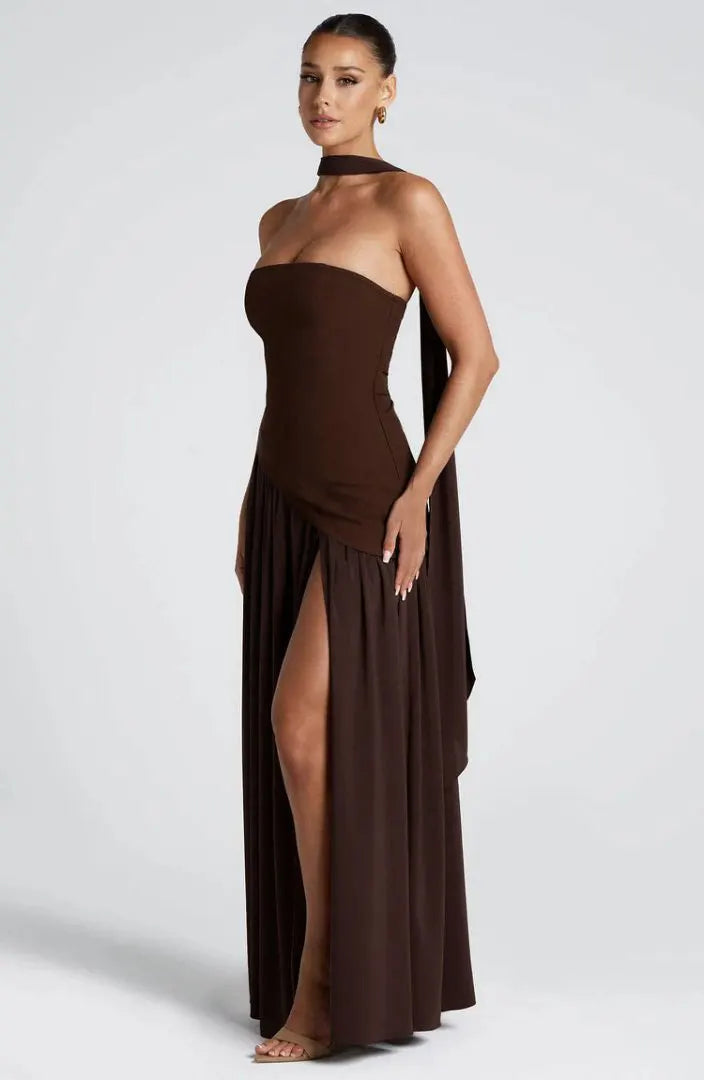 Women Strapless Asymmetrical Maxi Dress with Detachable Neck Wrap Pleated Flowy Long Evening Party Gown