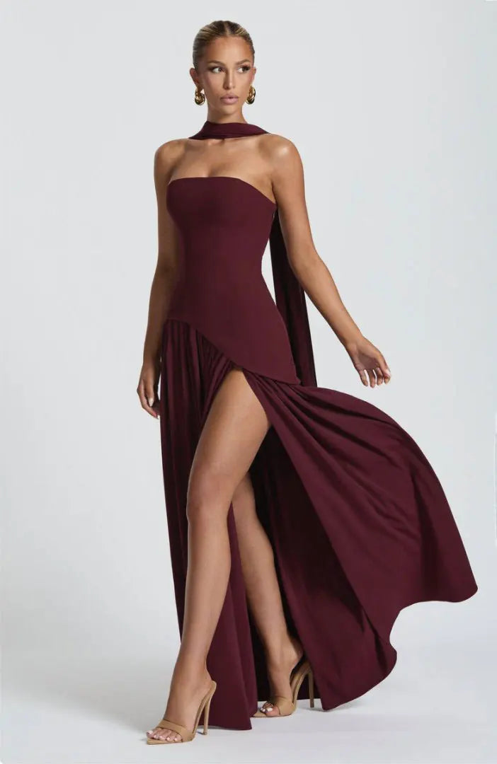 Women Strapless Asymmetrical Maxi Dress with Detachable Neck Wrap Pleated Flowy Long Evening Party Gown