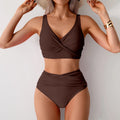 Women's Sexy Solid Color High Waist Bikini Set with Chest Pad Split Two-Piece Beach Pool Bathing Suits