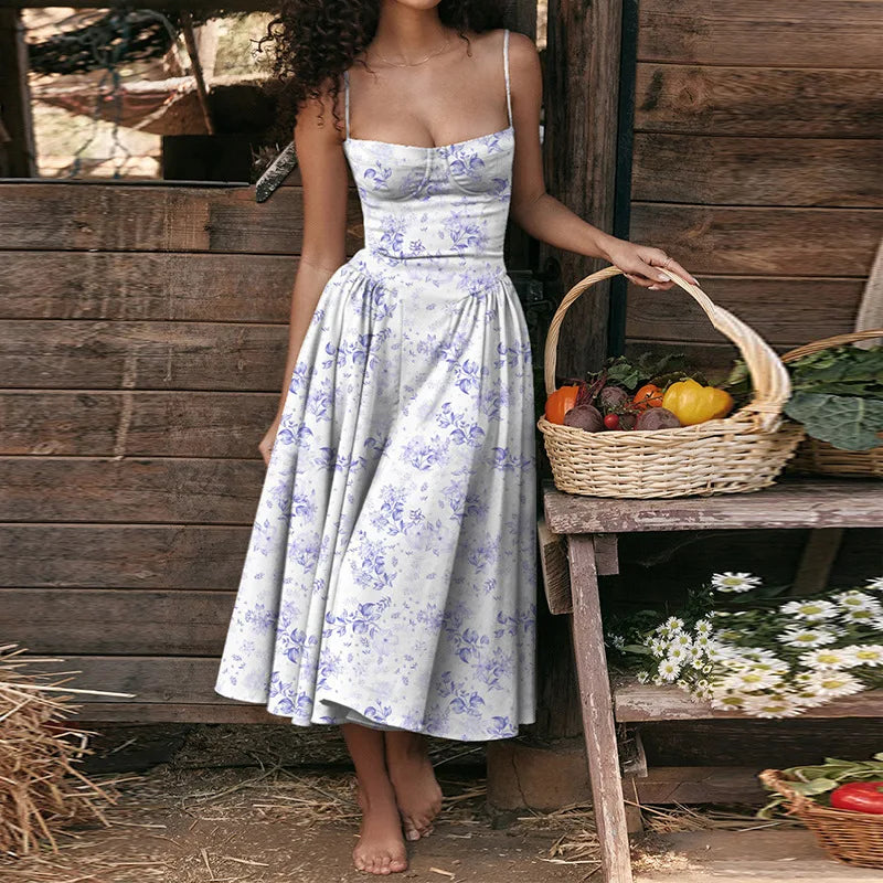 Women's French Retro Elegant V-Neck Sleeveless Slip Dress Bohemian Floral Beach Sundress Sexy Slim Fit Waist Cinched Long Dress