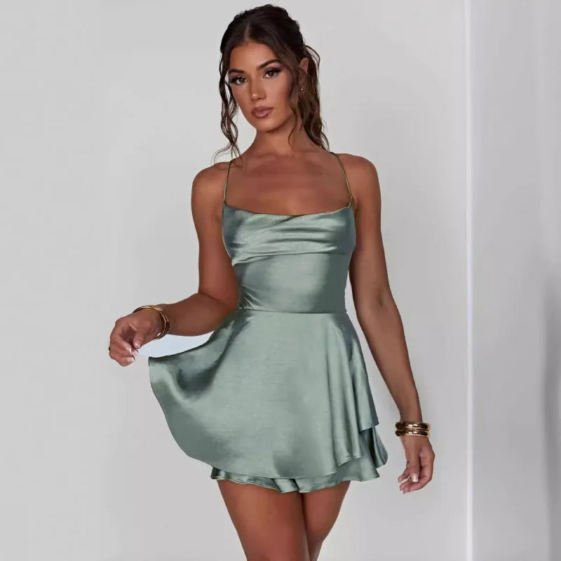 Women Sexy Satin Sleeveless Cami Playsuit Solid Cowl Neck Cross Tie Backless Short Jumpsuit Fashion Slim Fit Summer Romper