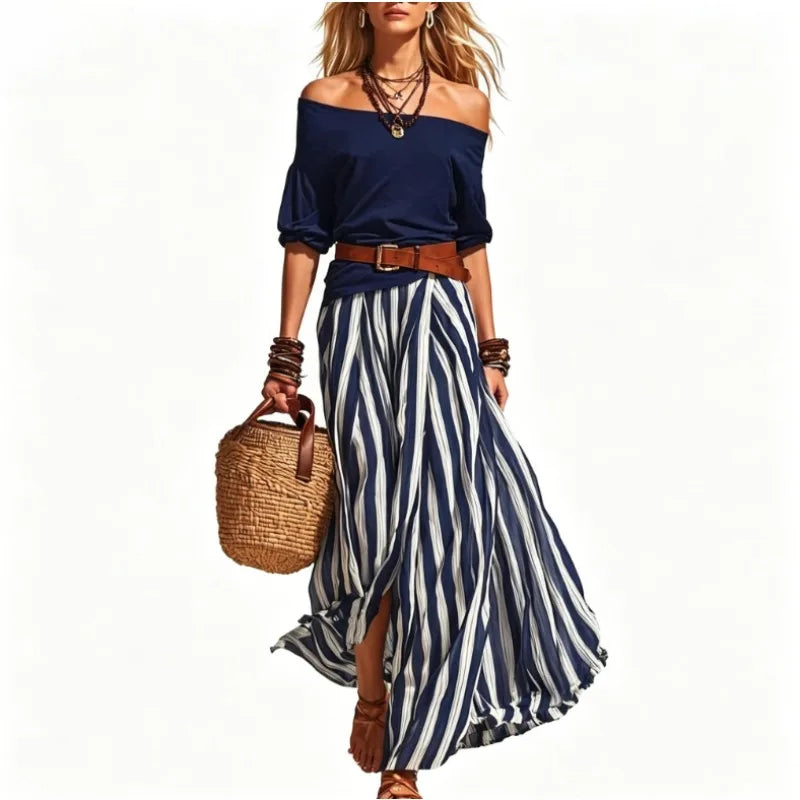 Women's Summer Off Shoulder Half Sleeve Top Vertical Stripe Split Maxi Skirt Two Piece Suit Loose Flowy Matching Set 2026