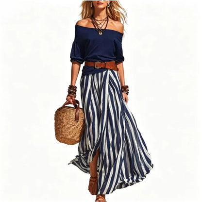 Women's Summer Off Shoulder Half Sleeve Top Vertical Stripe Split Maxi Skirt Two Piece Suit Loose Flowy Matching Set 2026