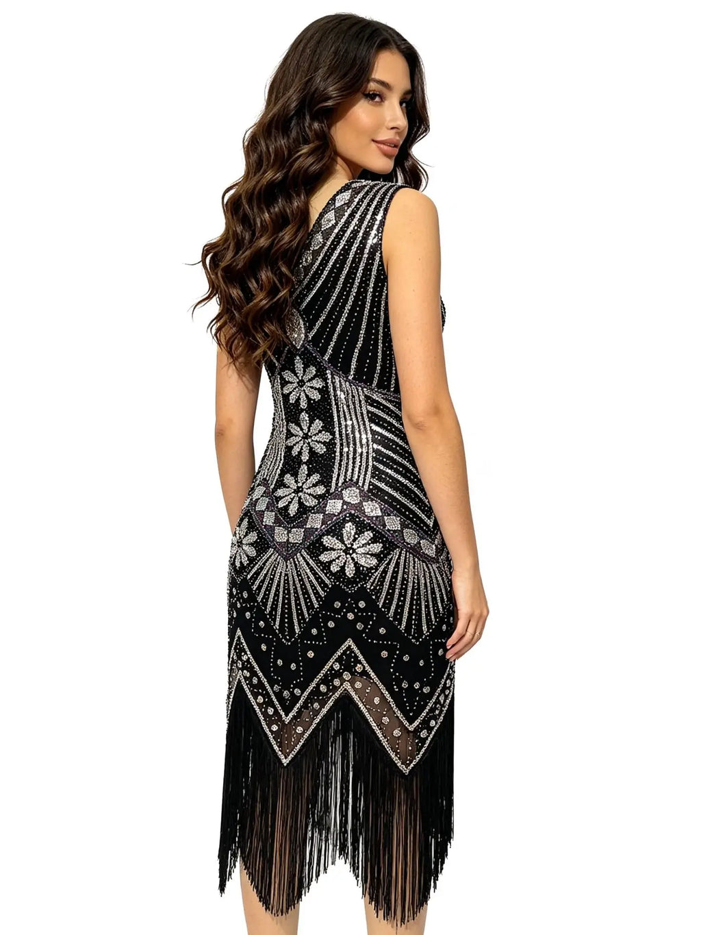Women 1920s Flapper Dress Vintage Gatsby Beaded Sequin Fringe Midi Dress Sleeveless V Neck Roaring 20s Party Costume
