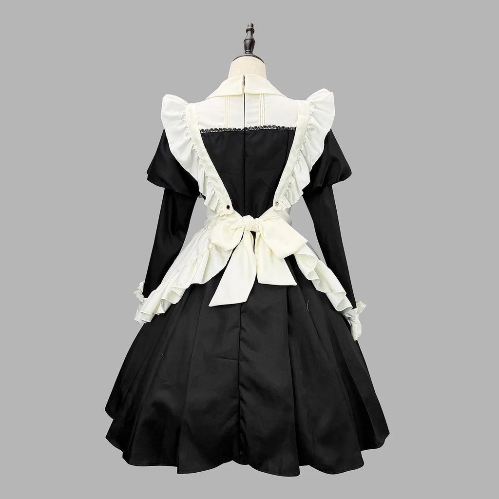 Women's Maid Lolita Dress Long Puff Sleeve Ruffle Apron Cosplay Costume with Headwear Theme Party Role Playing Outfits
