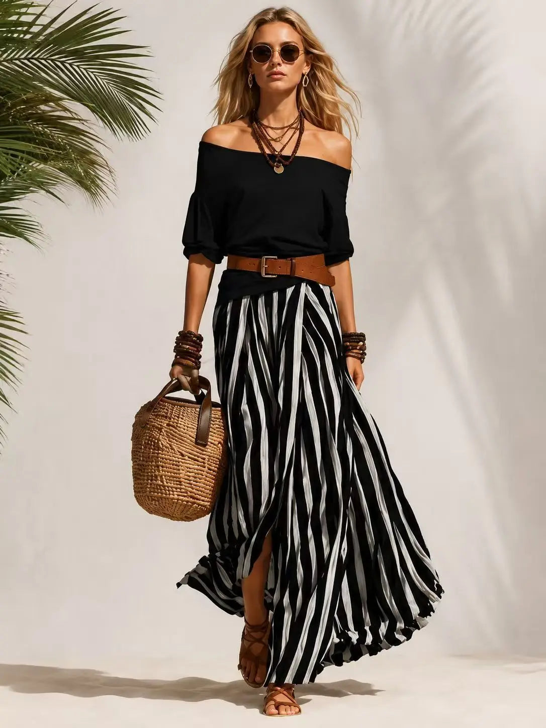 Women's Summer Off Shoulder Half Sleeve Top Vertical Stripe Split Maxi Skirt Two Piece Suit Loose Flowy Matching Set 2026