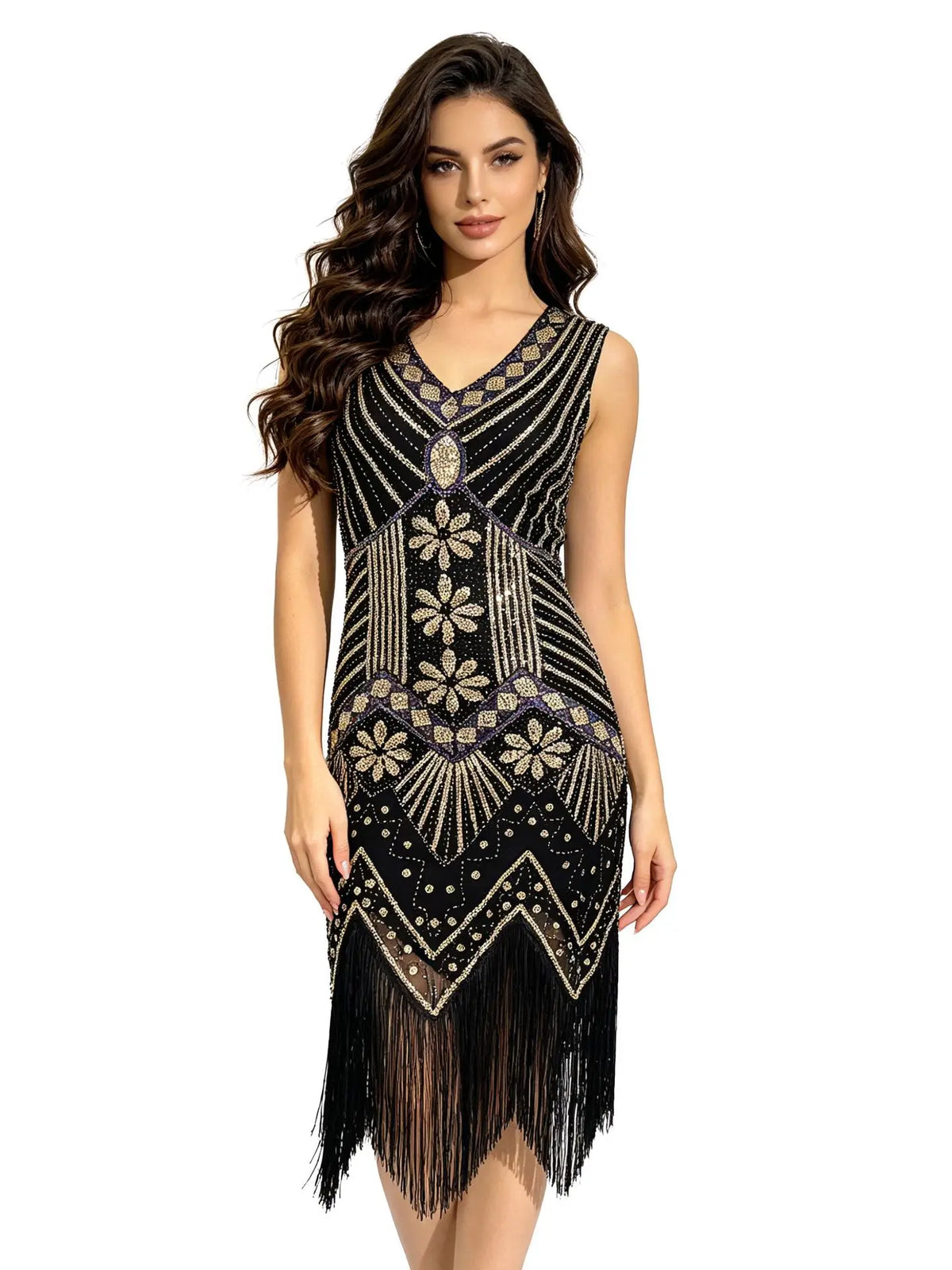 Women 1920s Flapper Dress Vintage Gatsby Beaded Sequin Fringe Midi Dress Sleeveless V Neck Roaring 20s Party Costume