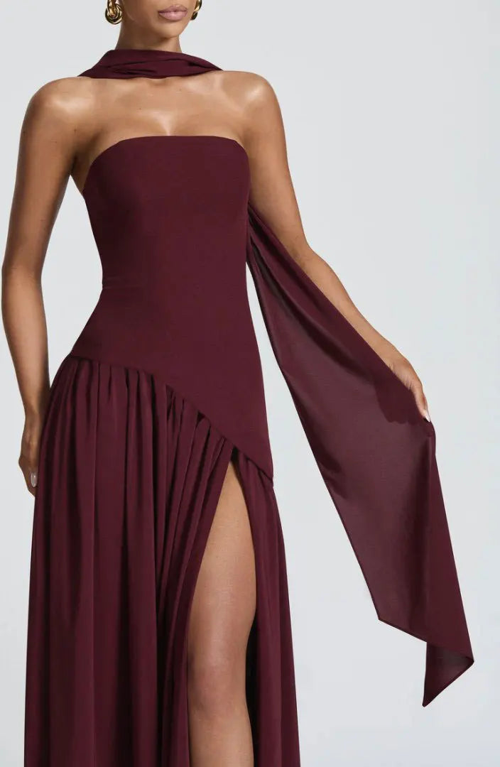 Women Strapless Asymmetrical Maxi Dress with Detachable Neck Wrap Pleated Flowy Long Evening Party Gown