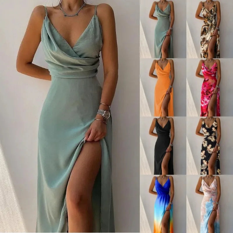 Summer Sexy Women's Camisole V-neck Slit Dress Elegant Sleeveless Gradient Slim Fit High Waisted Dress Maxi Vestidos Woman Party