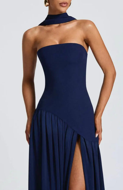 Women Strapless Asymmetrical Maxi Dress with Detachable Neck Wrap Pleated Flowy Long Evening Party Gown