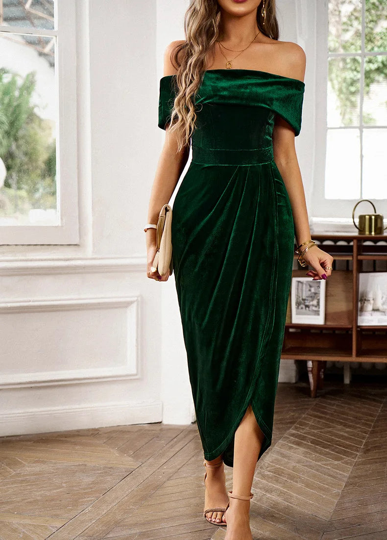 New Summer 2026 Women's Velvet Dress Sexy Off-shoulder Party Fashion Irregular One Shoulder Slim Fit Long Dress