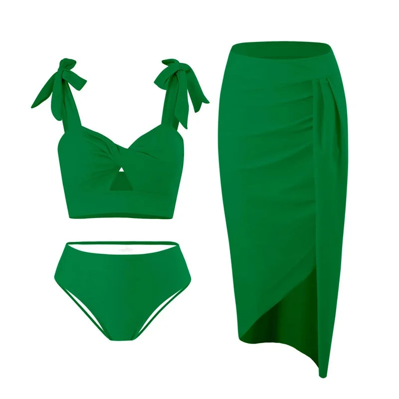 Women's Sexy Round Neck Solid Color Swimming Set High Waist Bikini with Skirt and Underpants 3-Piece Set for Seabeach