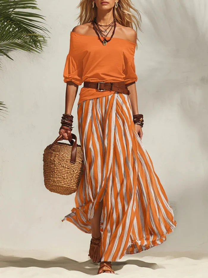 Women's Summer Off Shoulder Half Sleeve Top Vertical Stripe Split Maxi Skirt Two Piece Suit Loose Flowy Matching Set 2026