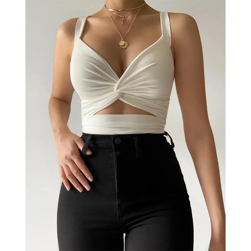 Sexy Twist Front Cutout Tank Top Solid Color V-neck Sleeveless Camisole Slim Fit Casual Daily Wear for Streetwear Women Clothes