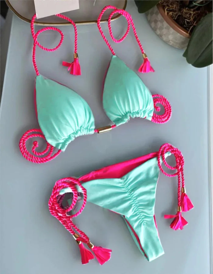 Women's Halter Tie Tassel Detail Two Piece Water Outfit Adjustable Side Drawstring Separated Swim Set for Beach Vacation Outfits