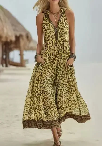 Women Sleeveless Hooded Zip Front Animal Spot Print Midi Dress Loose Flowy Swing Hem Pocket Long Outfit