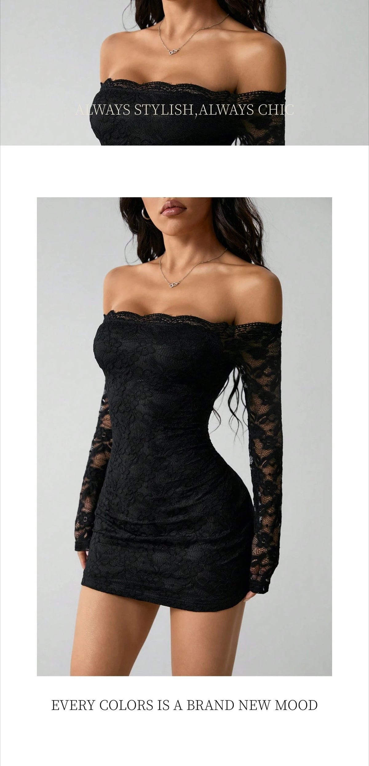 New Elegant Long Sleeve Lace Off Shoulder Neck Long-sleeved Slim Fit Thin Outing Hot Girls Outfits for Sexy Ladies Short Dress